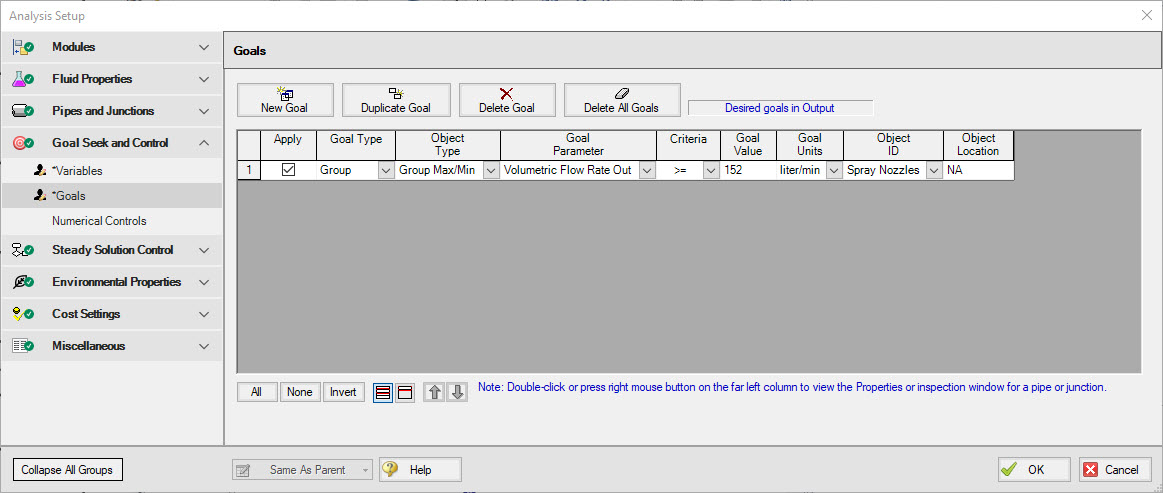 Minimum Flow Rate Group Goal defined on the Goals panel of the Goal Seek and Control Manager window.